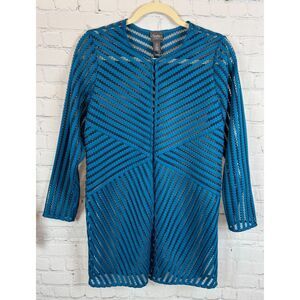 CHICO'S TRAVELERS blue teal striped mesh long sleeve cardigan blazer 0 (S) NWOT